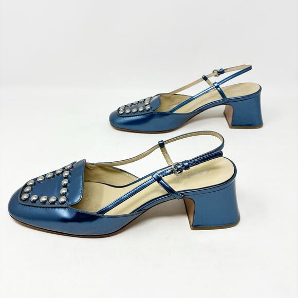 Coach Shoes - Coach Patent Leather Metallic Blue Studded Block Heel Sling Back Mules 8